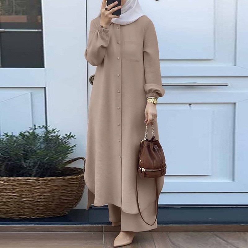 Embroidery Kaftan - Gaun warna polos Dubai Muslim Turki