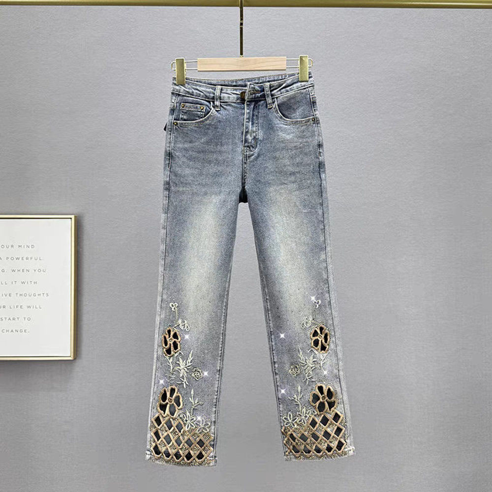 Embroidery Jeans Sakura - Celana Denim Lurus Berlian Berongga Mewah