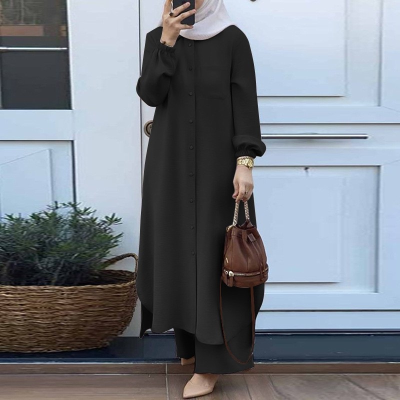 Gaun warna polos Dubai Muslim  - Embroidery Kaftan ulasan dan harga
