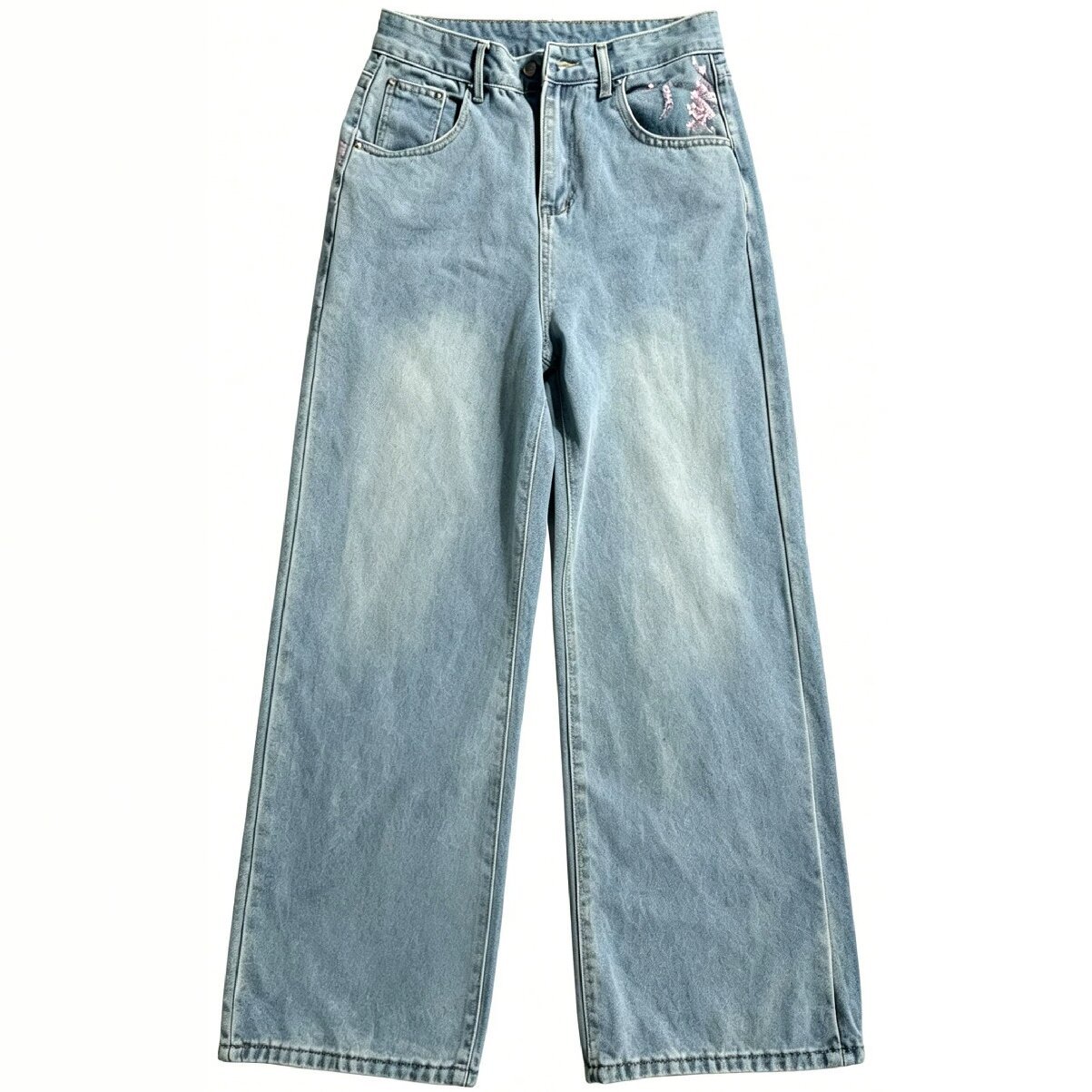 Celana Jeans Lurus Longgar Pin - Embroidery Jeans Sakura ulasan dan harga