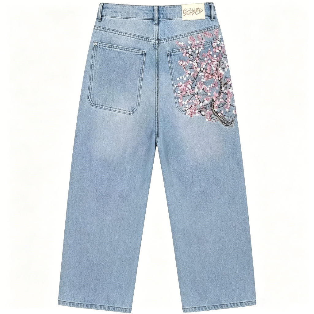 Celana Jeans Lurus Longgar Pin - Embroidery Jeans Sakura ulasan dan harga