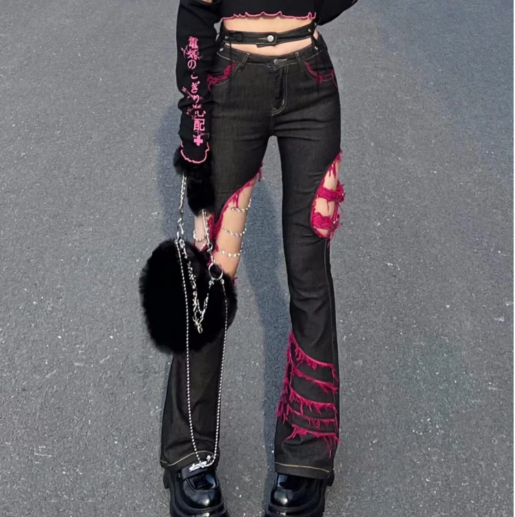 Jins Hitam Anak Perempuan Punk - Embroidery Jeans Sakura ulasan dan harga