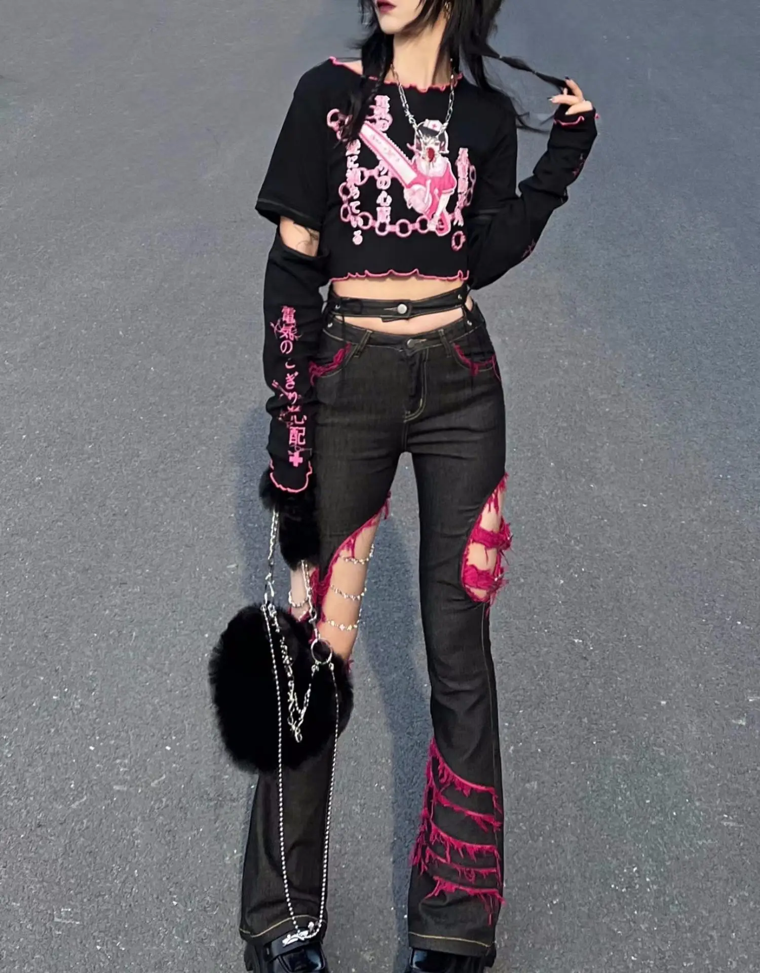 Jins Hitam Anak Perempuan Punk - Embroidery Jeans Sakura ulasan dan harga