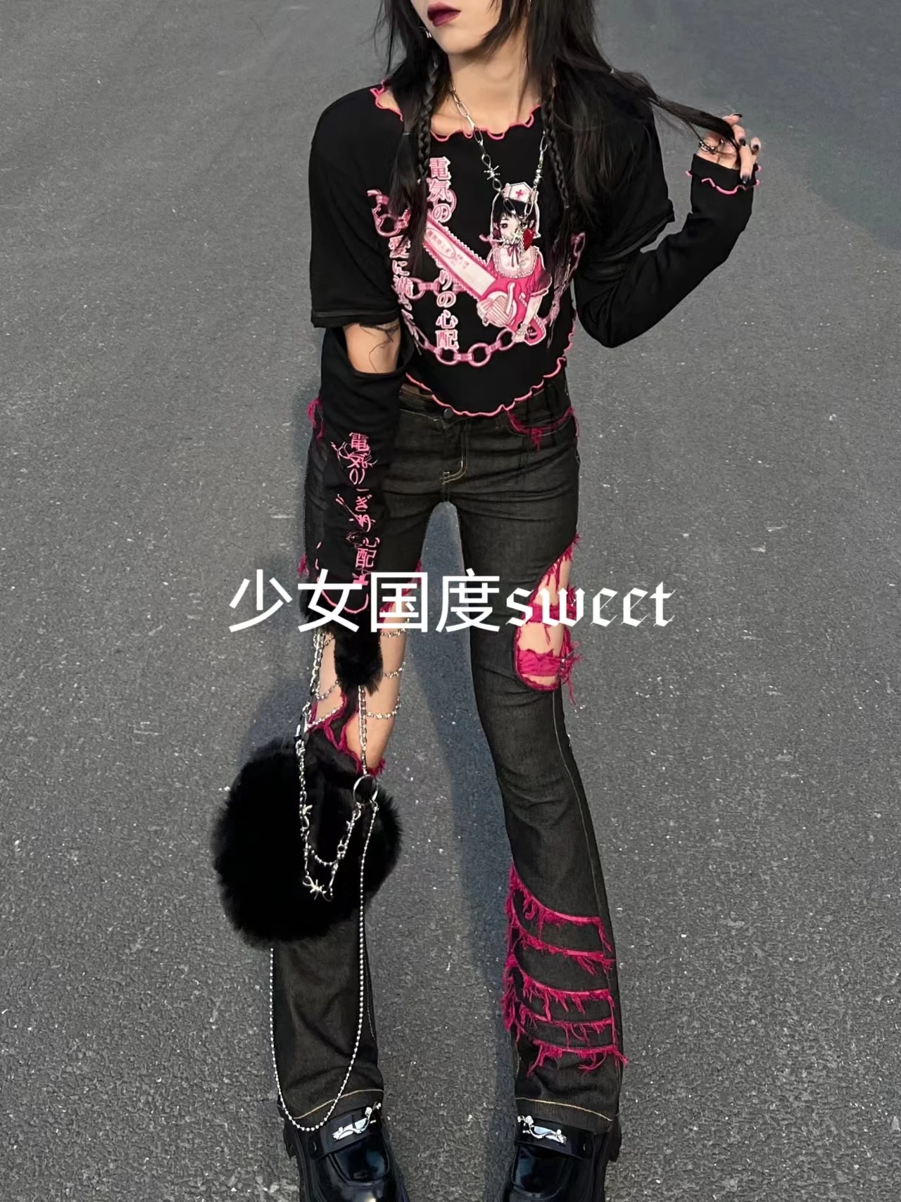 Jins Hitam Anak Perempuan Punk - Embroidery Jeans Sakura ulasan dan harga