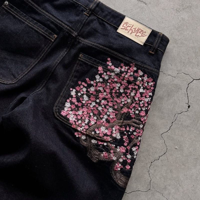 Celana Jeans Y2K Vintage Strai - Embroidery Jeans Sakura ulasan dan harga